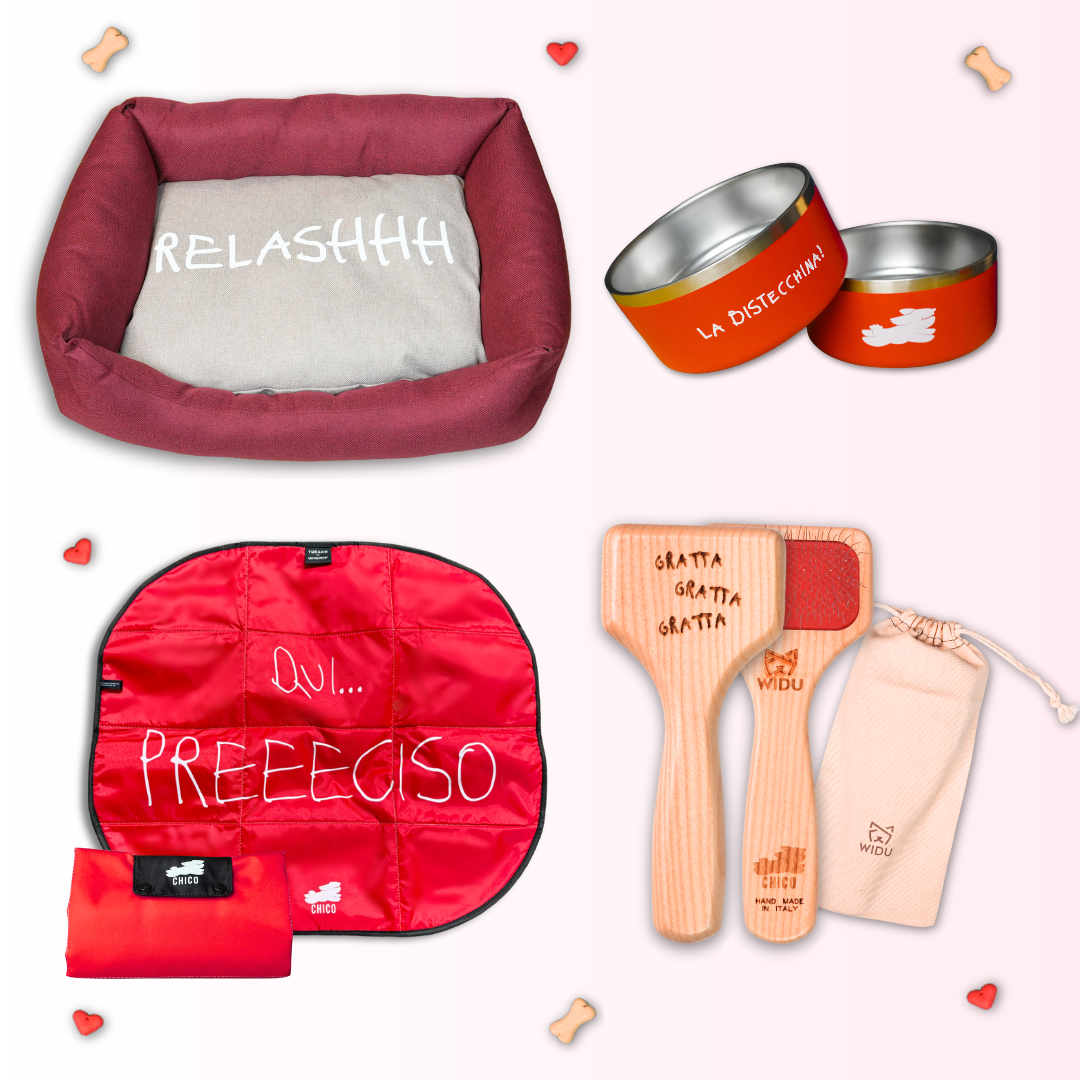 Kit Mattomissile: Cuccia "Relashhh" + Ciotola "La Bistecchina" + Lazy Dog Mat "Qui Preeeciso" + Spazzola "Gratta Gratta Gratta"