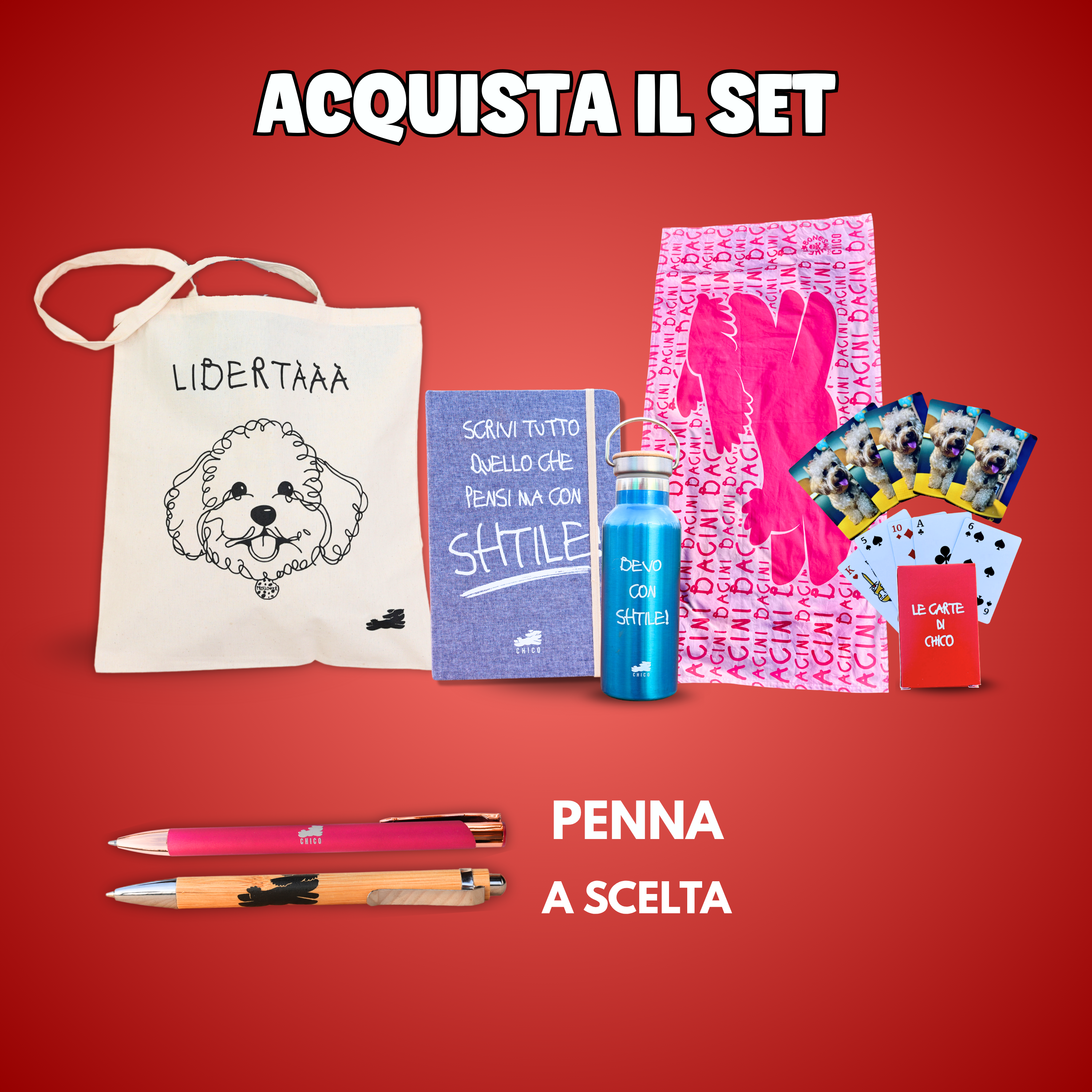 Set Block notes "SHTILE" + Penna a scelta + Borraccia "Bevo con SHTILE" + Borsa Tote "Libertà" + Carte da Gioco + Telo mare "Bacini"